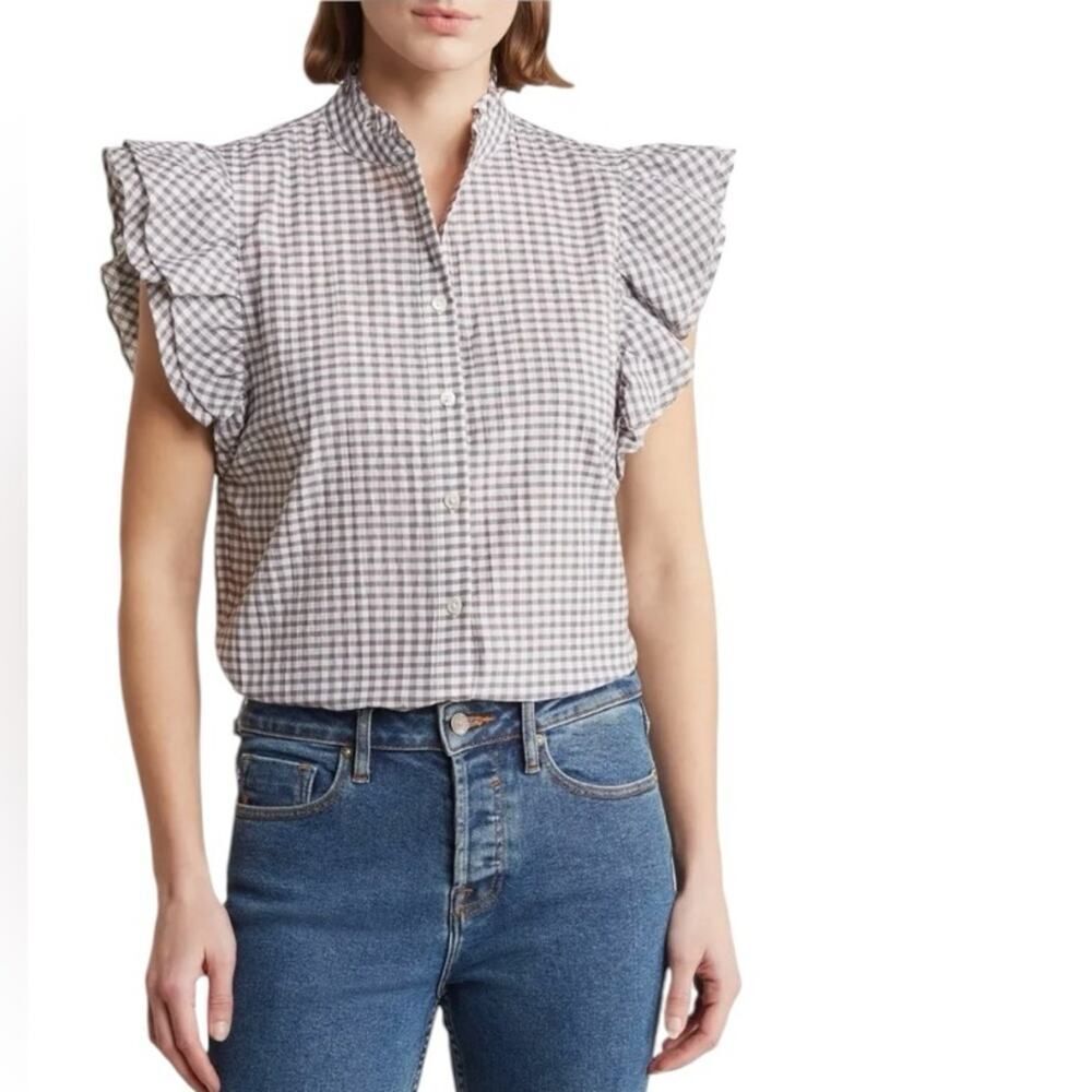Nordstrom Industry Gingham Blouse Ruffles Short Sleeve Button Up Gray & White XL